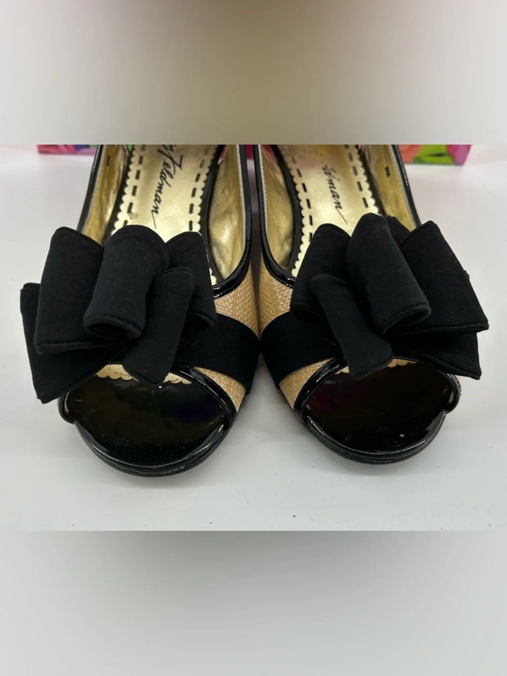 Beverly Feldman Black and Natural Slingback Peep-Toe Wedges with Bow